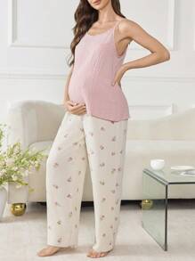 Moonlight&Mama 3pcs Maternity Pregnant Women Bubble Texture Floral Print Patchwork Camisole Top + Pants + Robe Sleepwear Set, Fall Winter Clothes