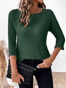 EMERY ROSE Suéter casual y sencillo de cuello de barco de unicolor con mangas 3/4, jersey de punto para uso diario en otoño e invierno - Verde Oscuro - Ver 5