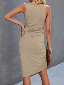 SHEIN Clasi Summer Casual Solid Color Shirred Fitted Sleeveless Dress - Khaki - View 2
