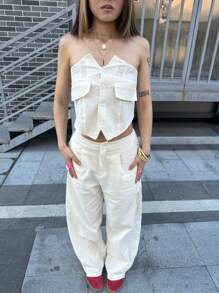 Coolane Kids Teen Girl Fall/Winter Basic Linen Comfortable Beige Bustier Tops & Pants Sets,Two Pieces Outfits