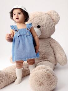 2 件套女婴可爱甜美荷叶边吊带宽松牛仔连衣裙和松紧腰牛仔短裤 - 淺色水洗藍 - 查看 1