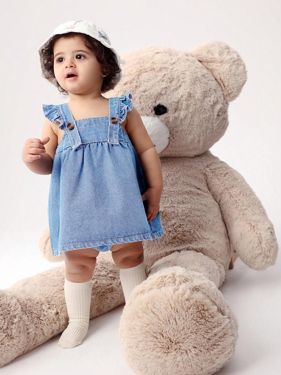 2 件套女婴可爱甜美荷叶边吊带宽松牛仔连衣裙和松紧腰牛仔短裤 - 淺色水洗藍 - 查看 1