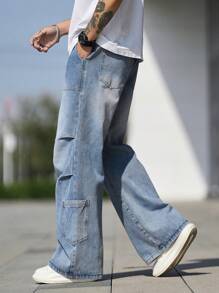 Manfinity Homme Men's Drawstring Waist Pockets Pleated Wide Leg Loose Casual Jeans - Light Wash - View 5