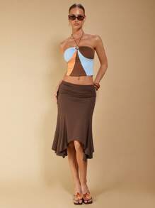 COSMINA Women's Elegant Brown Asymmetrical Ruched Skirt, Suitable For Spring & Summer Vacation Women Skirt - Brown - View 1