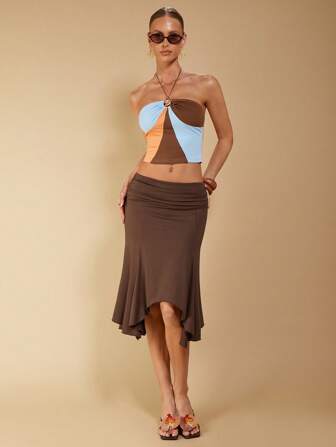 COSMINA Damen eleganter brauner asymmetrischer geraffter Rock, geeignet für Frauen Rock im Frühling & Sommer Urlaub