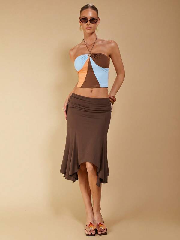 COSMINA Women's Elegant Brown Asymmetrical Ruched Skirt, Suitable For Spring & Summer Vacation Women Skirt