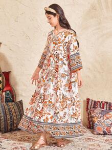 SHEIN Leap Crew Tween Girls Casual Vacation Vintage Ditsy Floral Patchwork Print V-Neck Ruched Loose Dress With 3/4 Sleeves - Rust Brown - View 5