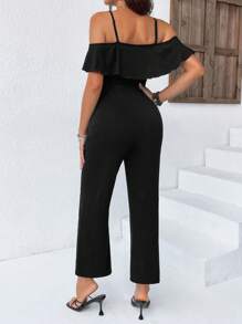 SHEIN Black Maternity Capri Jumpsuit With Cold Shoulder Ruffle Detail And Tie Waist For Casual Style - Black - View 2