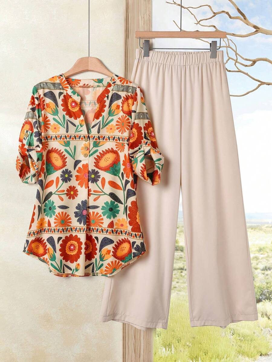 Rusticease 2 件套女士全身印花缺口领短袖上衣和纯色松紧腰裤女士假日撞色印花优雅休闲宽松上衣阔腿裤套装抹胸和裤子套装女士夏装女士两件套假日连衣裙女士假日两件套波西米亚风格女装