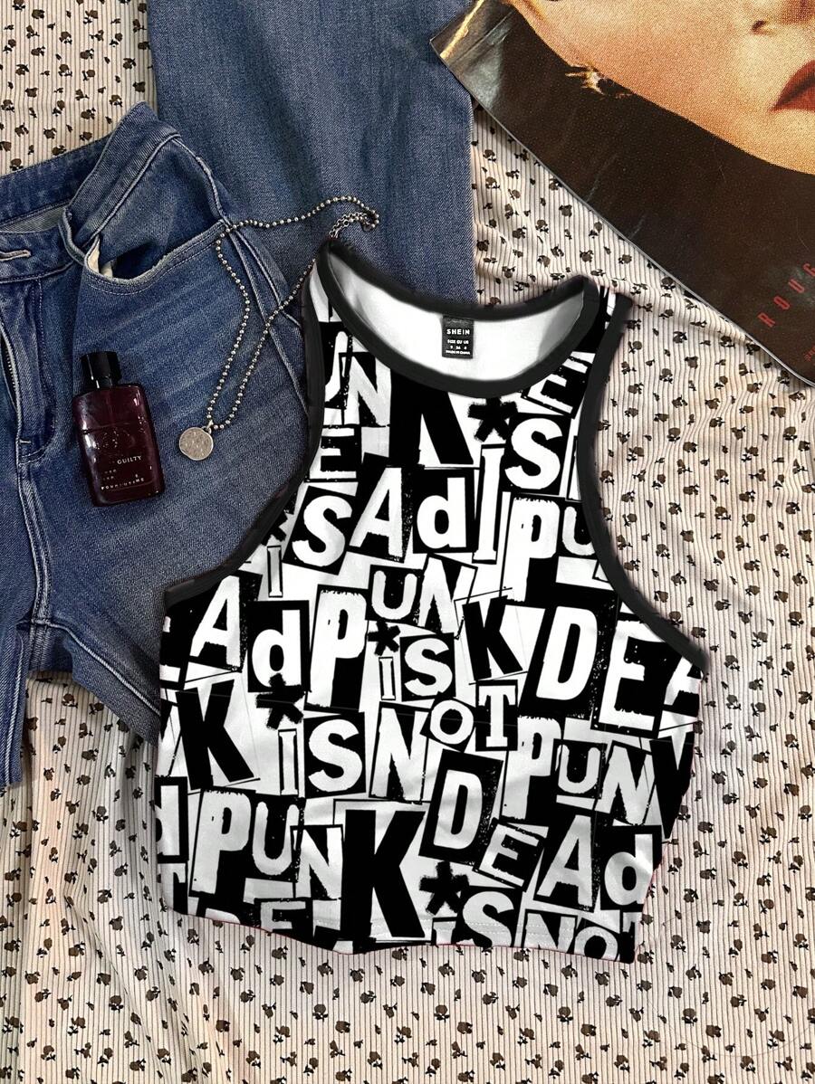 Attitoon Artist Women's Simple Casual Full-Print English Graffiti Letter Pattern Crew Neck Tight Fit Tank Top Summer Back To School Chic - White - View 1