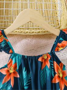 Family Matching Sleeveless Jumpsuit For Young Girl, Tropical Leaf & Floral Print Casual Holiday Beach Romper, Spring Summer Fashion Vacation Outfit - Navy Blue - View 8