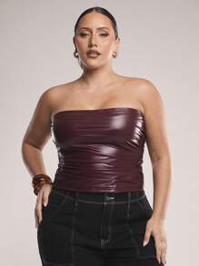 SHEIN BAE Plus Size Women's Autumn/Winter Fashion Hot Girl/Sweet Girl Ruched Elastic Solid Angola Red PU Leather Women Sleeveless Top