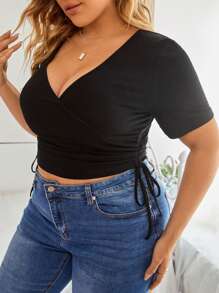SHEIN Frenchy Plus Drawstring Ruched Top - Black - View 5