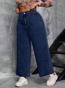 SHEIN SXY Plus Size Women High Waisted Non-Stretch Denim Wide Leg Pants With Side Slit Summer Outfits For Women Festival Outfits - Light Wash - View 1
