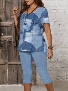 EMERY ROSE Bộ 2 chiếc áo phông in họa tiết denim chắp vá thường ngày mùa hè cỡ lớn cho nữ và quần legging dài 3/4 - Nhiều màu - Xem 4