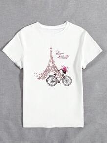INAWLY Camiseta gráfica de manga corta y cuello redondo casual para mujer con estampado de flor, Torre Eiffel y bicicleta