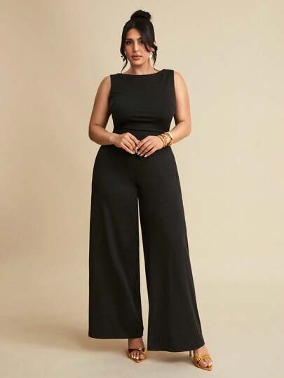 SHEIN BAE 夏季海滩度假大码服装节日服装派对聚会、约会旅行、外出、音乐节服装、演唱会服装、乡村音乐节服装，纯黑色优雅性感露背系带蝴蝶结无袖超阔腿连体裤，适合日常穿着、约会、派对、聚会、外出、不对称阔腿连体裤、情人节连体裤、休闲连体裤、优雅连体裤