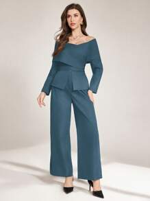 Modelyn 2pcs Women's Elegant Off Shoulder Criss-Cross Strap Modern Korean Style Set, Spring/Summer - Dusty Blue - View 1