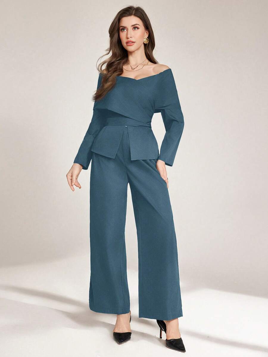 Modelyn 2pcs Women's Elegant Off Shoulder Criss-Cross Strap Modern Korean Style Set, Spring/Summer - Dusty Blue - View 1