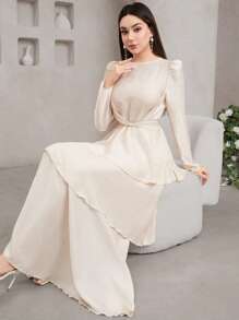 Veilorie Váy xòe xếp nếp phía trước màu trơn thanh lịch cho nữ - Màu be - Xem 3