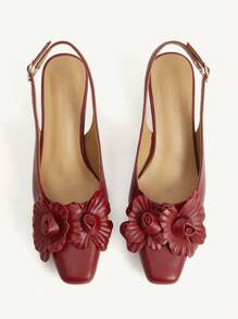 CUCCOO CHICEST Women's Retro Vintage Pu Leather Sandals With 3D Flower Decor, Elegant Square Toe Block Heel Pumps, Suitable For Date, Afternoon Tea, Garden Party, Burgundy Color - Red - View 11