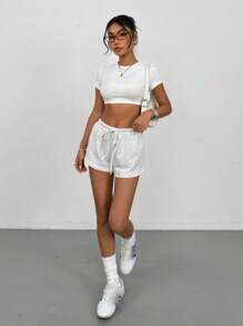 SHEIN PETITE Summer Casual Solid Color Drawstring Waist Shorts - Light Grey - View 6