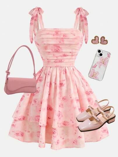 Girlism Teenager Girls' Pink Spaghetti Strap Bow Elegant & Cute Gathered Waist Layered Ruffle Ditsy Floral Mesh Party Dress, Suitable For Spring, Summer, Vacation & Holiday