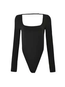 Body de mujer de manga larga y espalda descubierta de unicolor sexy, atuendo casual para conciertos en el campo - Negro - Ver 3