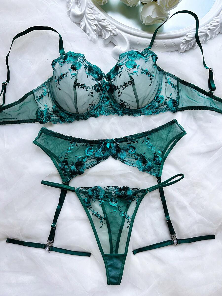 SHEIN Esselle Bộ đồ lót gợi cảm 5 món cỡ lớn ren màu trơn trang trí nơ - Màu xanh lá cây đậm - Xem 1