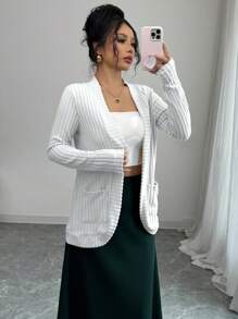 Elenzga Women's Casual Ribbed Brushed Open Front Jacket With Side Pockets Shorts - White - View 1