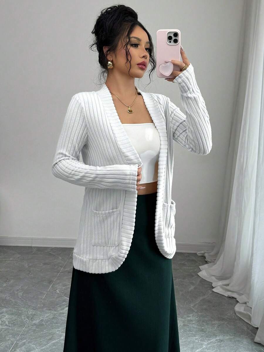 Elenzga Women's Casual Ribbed Brushed Open Front Jacket With Side Pockets Shorts - White - View 1