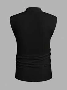 Manfinity Homme Men's Plain Collared Pleated Slim Fit Casual Top Men's Muscle Shirts Black Sleeveless Shirt Men