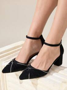 CUCCOO CHICEST Women's Pointy-Toe Chunky-Heel Mid-Heel Pumps With Rhinestone Twist Vamp, Faux Suede, Comfortable & Elegant, Black, Suitable For Summer, Afternoon Tea Dates - Black - View 5