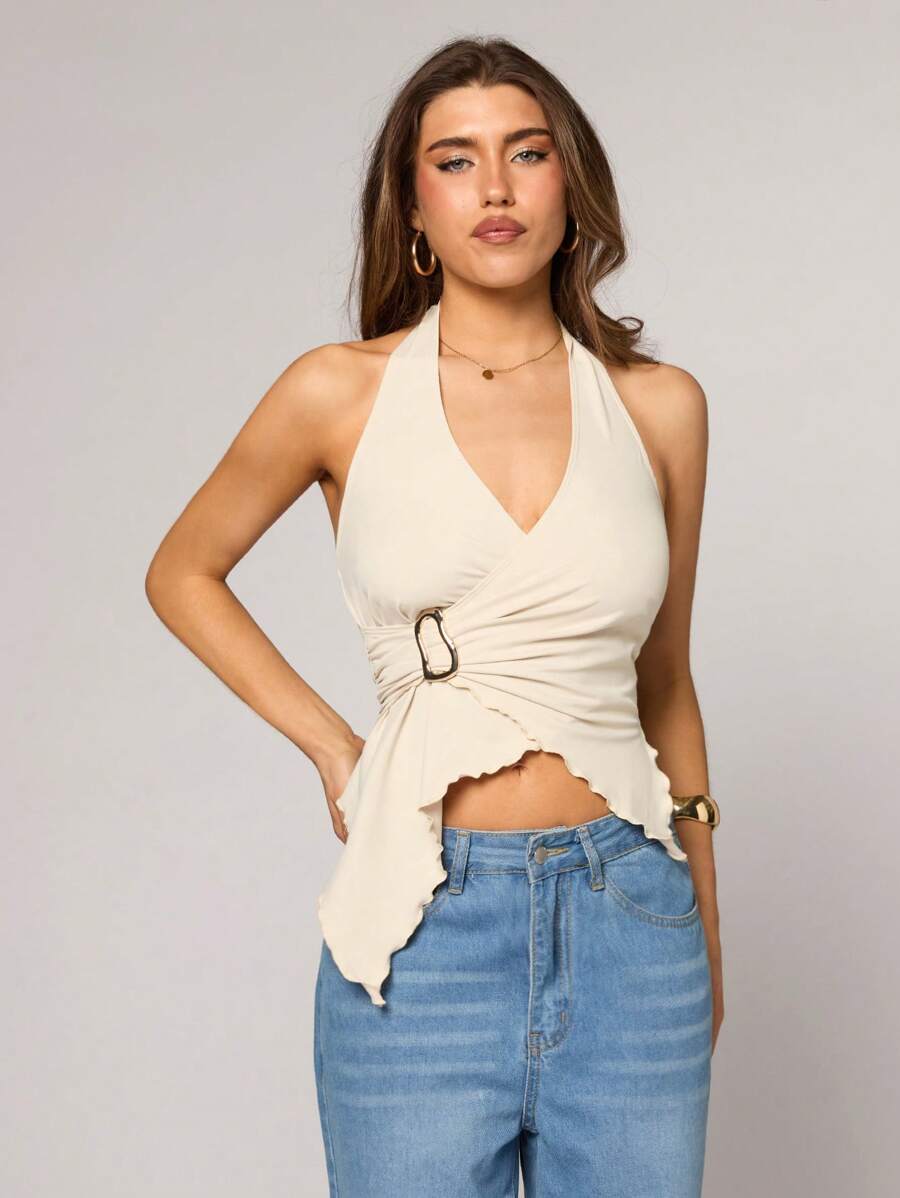 SHEIN BAE 1件女款夏季休閒純色金屬扣褶皺腰部不對稱下擺前打結無袖上衣,多件裝 - 杏色 - 查看 1