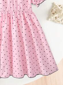 Young Girl Polka Dot Print Bow Decor Short Puff Sleeve Cute Casual Dress - Pink - View 3