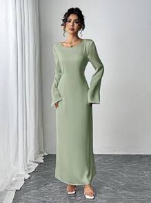Siren Gaze 纯色缎面收腰长裙时尚简约圆领缎面喇叭袖系带修身晚礼服性感连衣裙女士长裙杏色优雅节日连衣裙感恩节连衣裙节日派对女装跨年晚礼服 - 薄荷綠 - 查看 6