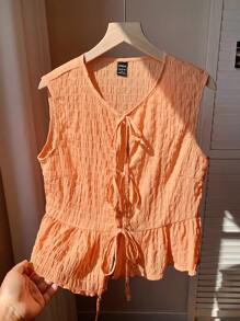 Comfortcana 女士橙色编织系带前无袖荷叶边休闲衬衫 - 橘色 - 查看 5