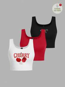 Attitoon 3 Piezas Tops cortos ajustados de mujer con estampado de lazos de cereza, ropa casual de verano - Multicolor - Ver 9