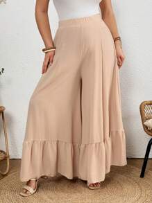 SHEIN Clasi Plus Size Women Wide Leg High Waist Ruffle Trim Summer Beach Pants - Apricot - View 5