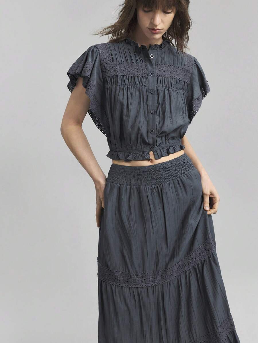 Ontre 2 件套女式夏季套装：纯色蕾丝荷叶边袖衬衫和裙子休闲套装