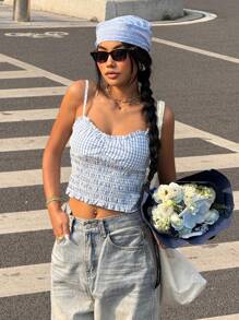 SHEIN EZwear Women's Blue Gingham Shirred Micro Crop Cami Top: Boho Style, Woven Fabric With Strap Neckline And Semi-Sheer Details For A Chic Summer Look - Blue - View 3