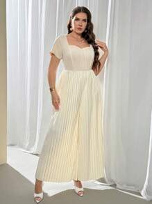 Firerie 大码女式春夏舒适休闲优雅度假新品办公室/工作通勤百褶宽松弹力连体裤 - 杏色 - 查看 3