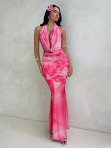 Aloruh 女士休闲全花卉印花 V 领长裙，适合夏季 - 粉色 - 查看 7