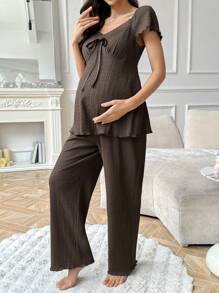 Moonlight&Mama Bộ đồ ngủ bà bầu tay ngắn và quần vải jacquard thắt nút cổ chữ V thêu ren chắp vá màu trơn - Cà phê nâu - Xem 4