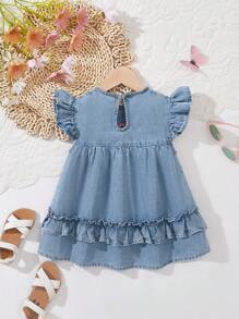 Baby Girl Ditsy Floral Embroidered Details Cap Sleeve Loose Denim Dress With High Ruffle Hem, Spring Countryside Style - Light Wash - View 2