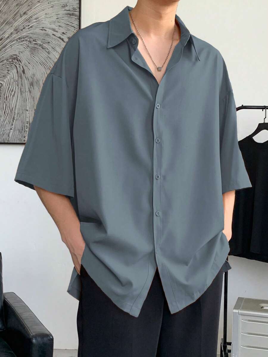 Claim Dot 超大码男士开衩落肩衬衫 超大码男士衬衫,适合秋季 - 深灰色 - 查看 1