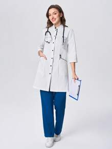 Scrubzie Anti-Wrinkle White & Black Contrast Lab Coat / White Coat For Women - White - View 6