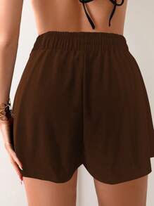 Swim Lushoire Women's Summer Casual Solid Color Elastic Waist Beach Pants - Coffee Brown - View 2