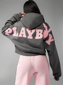 Missguided x Playboy Vintage Inspired Logo Cropped Zip-Up Hoodie, Streetwear Fall Winter Loungewear Classic Bunny Design Retro Fashion Sweatshirt, Casual - Grey - View 1