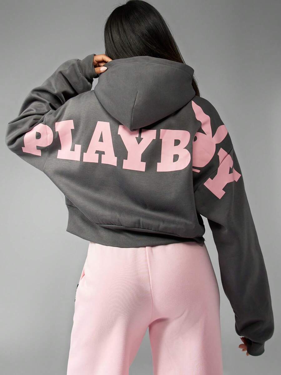 Missguided x Playboy Vintage Inspired Logo Cropped Zip-Up Hoodie, Streetwear Fall Winter Loungewear Classic Bunny Design Retro Fashion Sweatshirt, Casual - Grey - View 1
